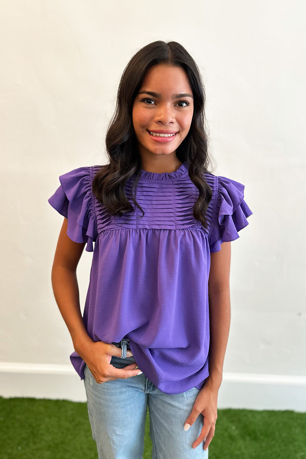 Pleated High Neck Blouse Purple