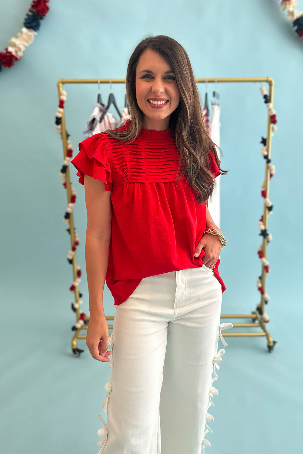 Pleated High Neck Blouse Red