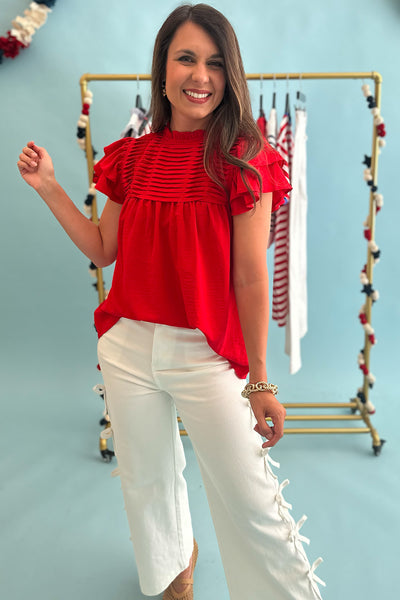 Pleated High Neck Blouse Red