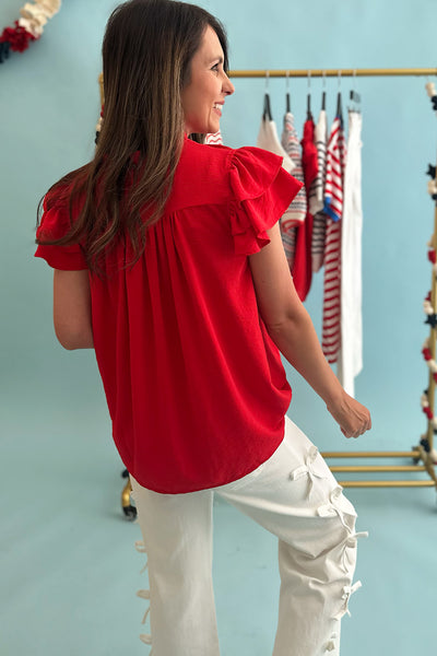 Pleated High Neck Blouse Red