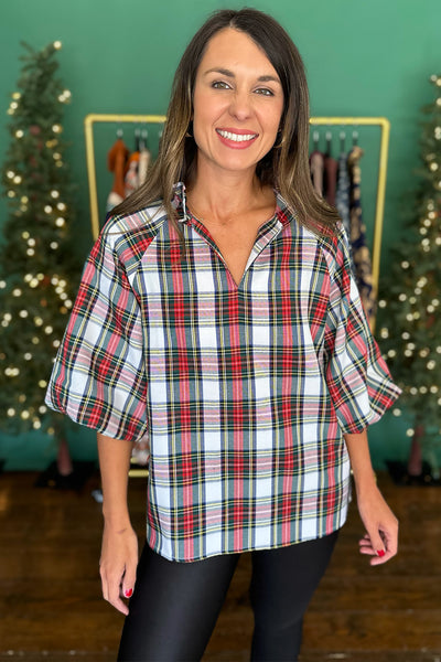 Short Puff Sleeve Plaid Top