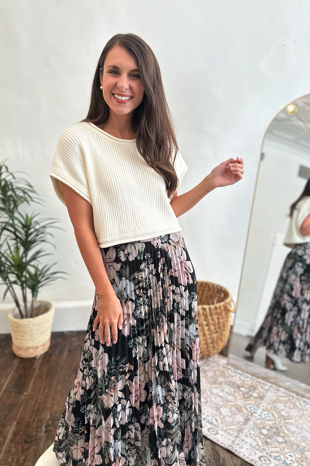 Black Floral Pleated Maxi Skirt