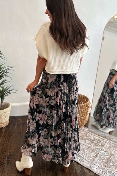 Black Floral Pleated Maxi Skirt