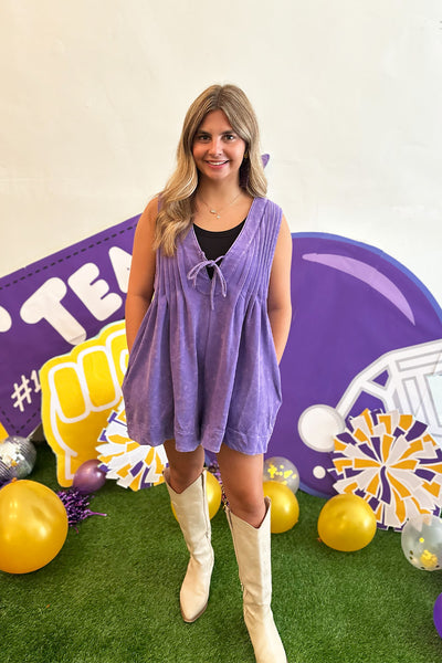 Soft Pleated Tie Front Romper Purple