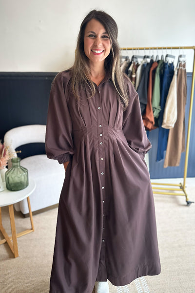 Pleated Waist Button Down Dress Brown
