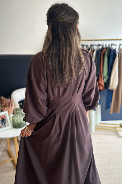 Pleated Waist Button Down Dress Brown