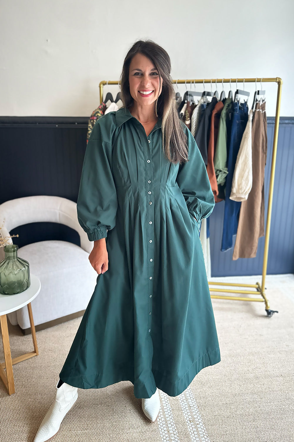 Pleated Waist Button Down Dress Green