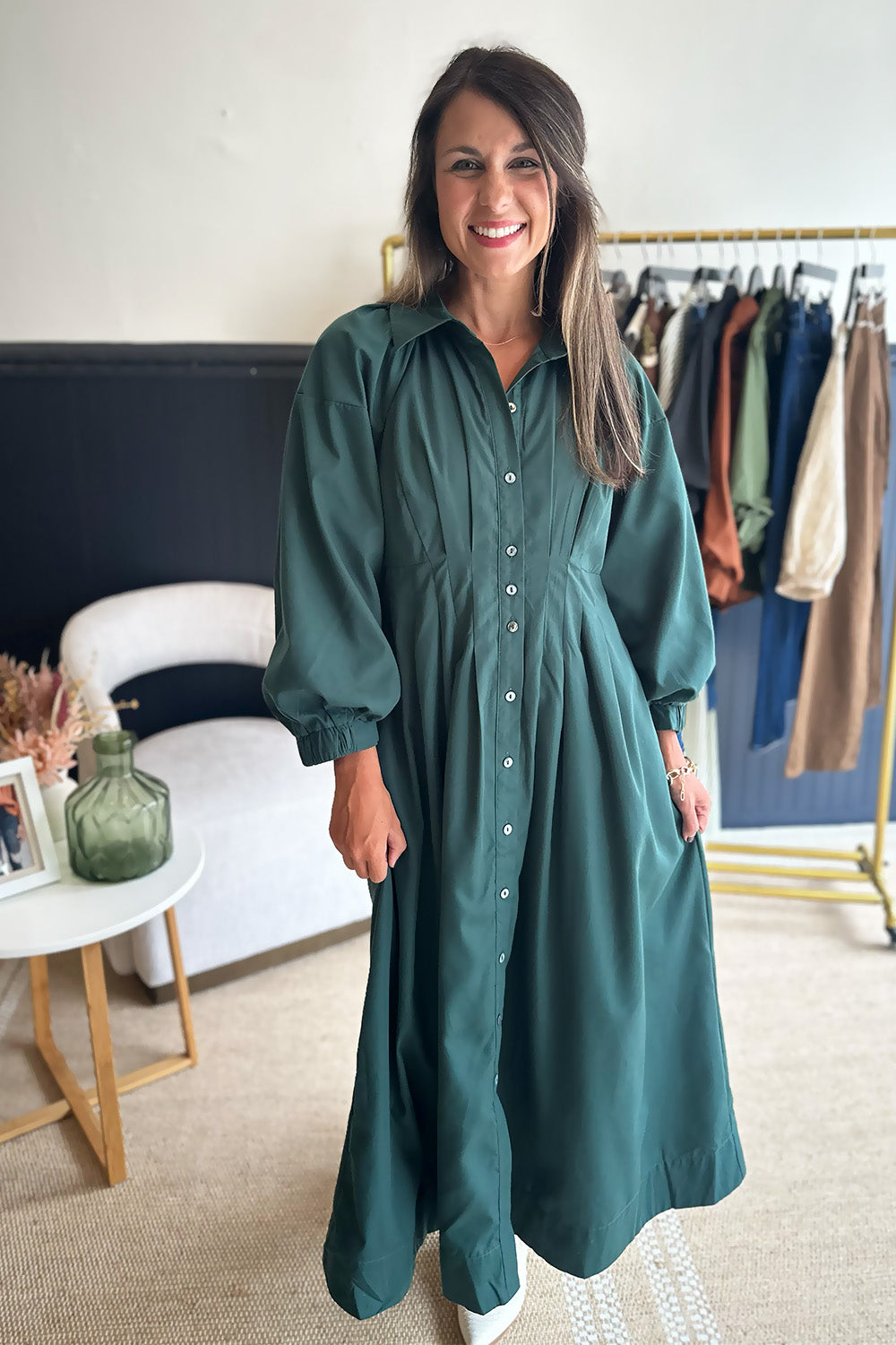 Pleated Waist Button Down Dress Green
