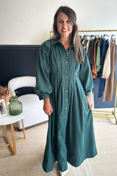 Pleated Waist Button Down Dress Green