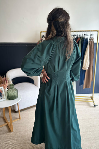 Pleated Waist Button Down Dress Green