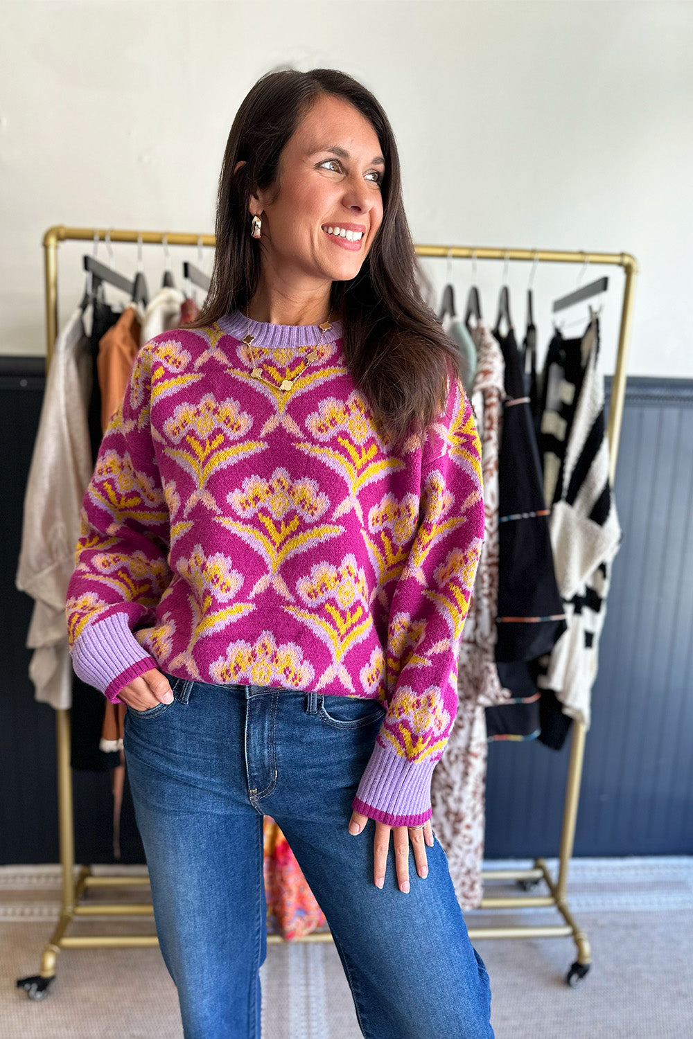 Plum and Yellow Printed Sweater