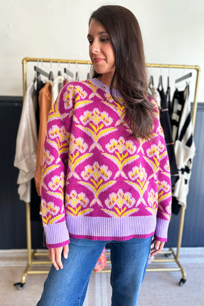 Plum and Yellow Printed Sweater