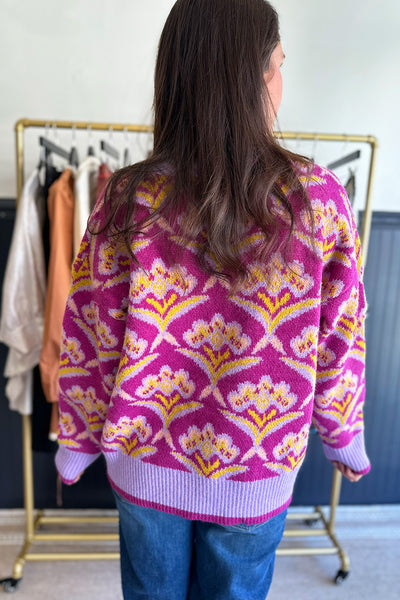 Plum and Yellow Printed Sweater