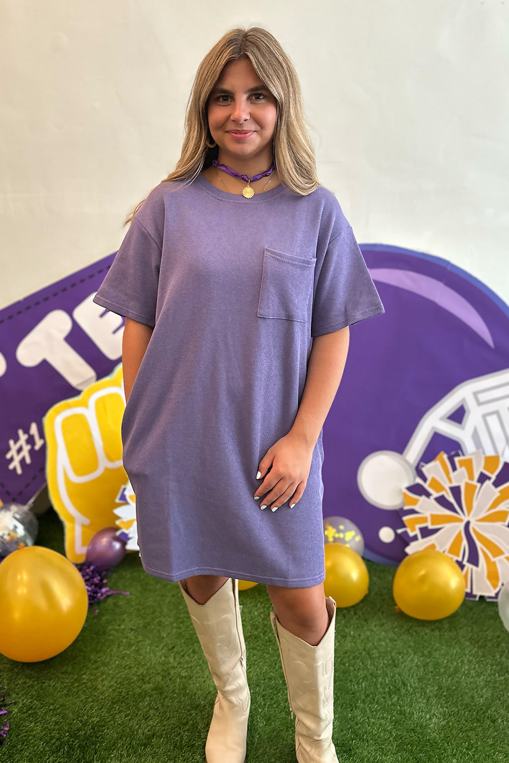 Purple Ribbed Chest Pocket SS Dress