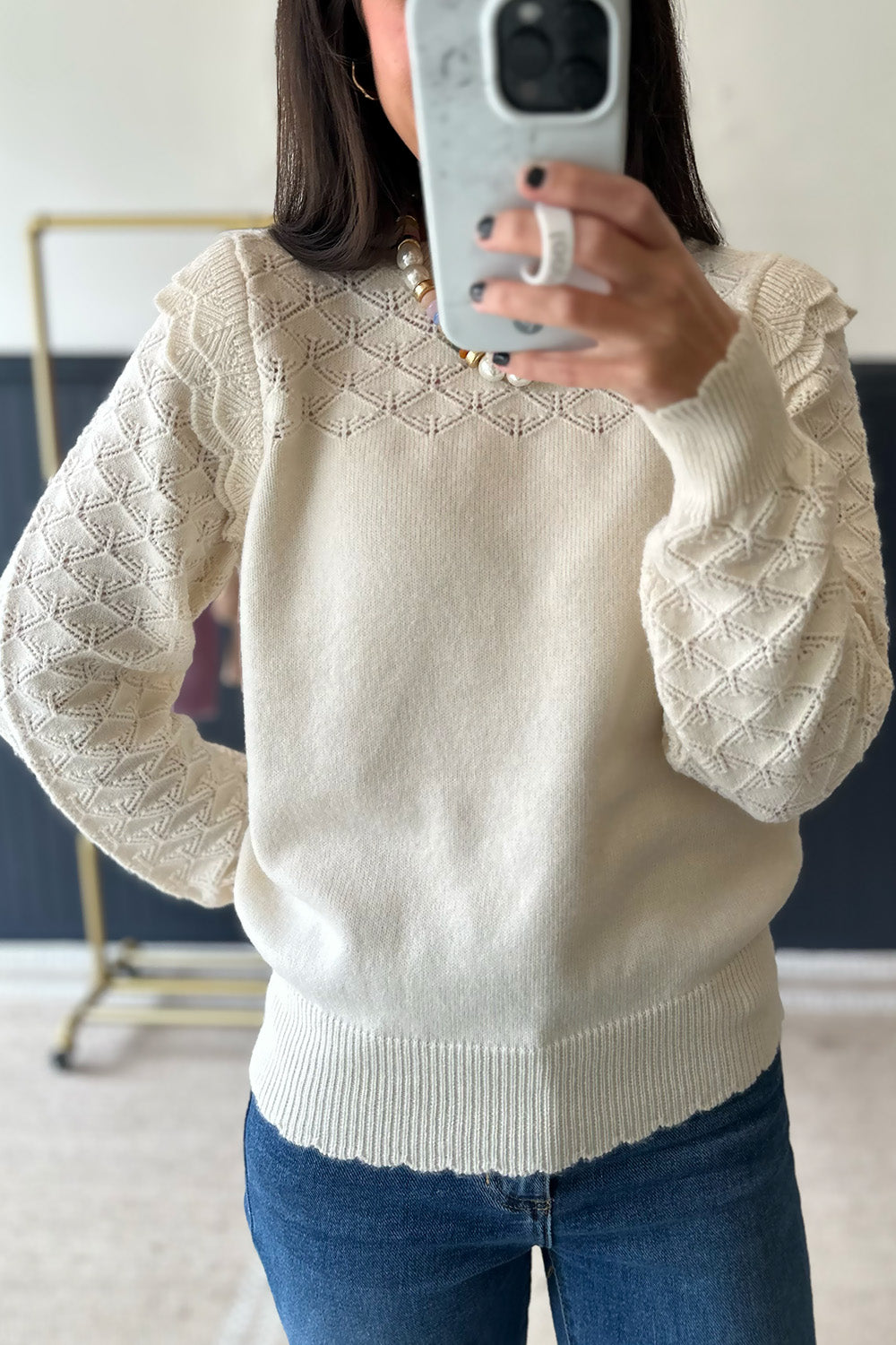 Ruffle Pointelle Sweater Cream