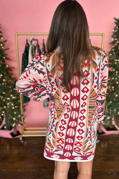 Burgundy Multi Color Printed LS Sweater Dress