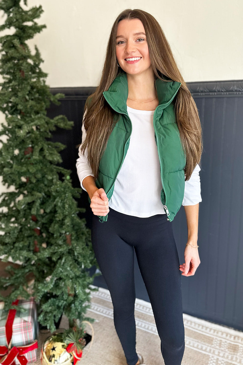 Puffer Cropped Drawstring Vest Green