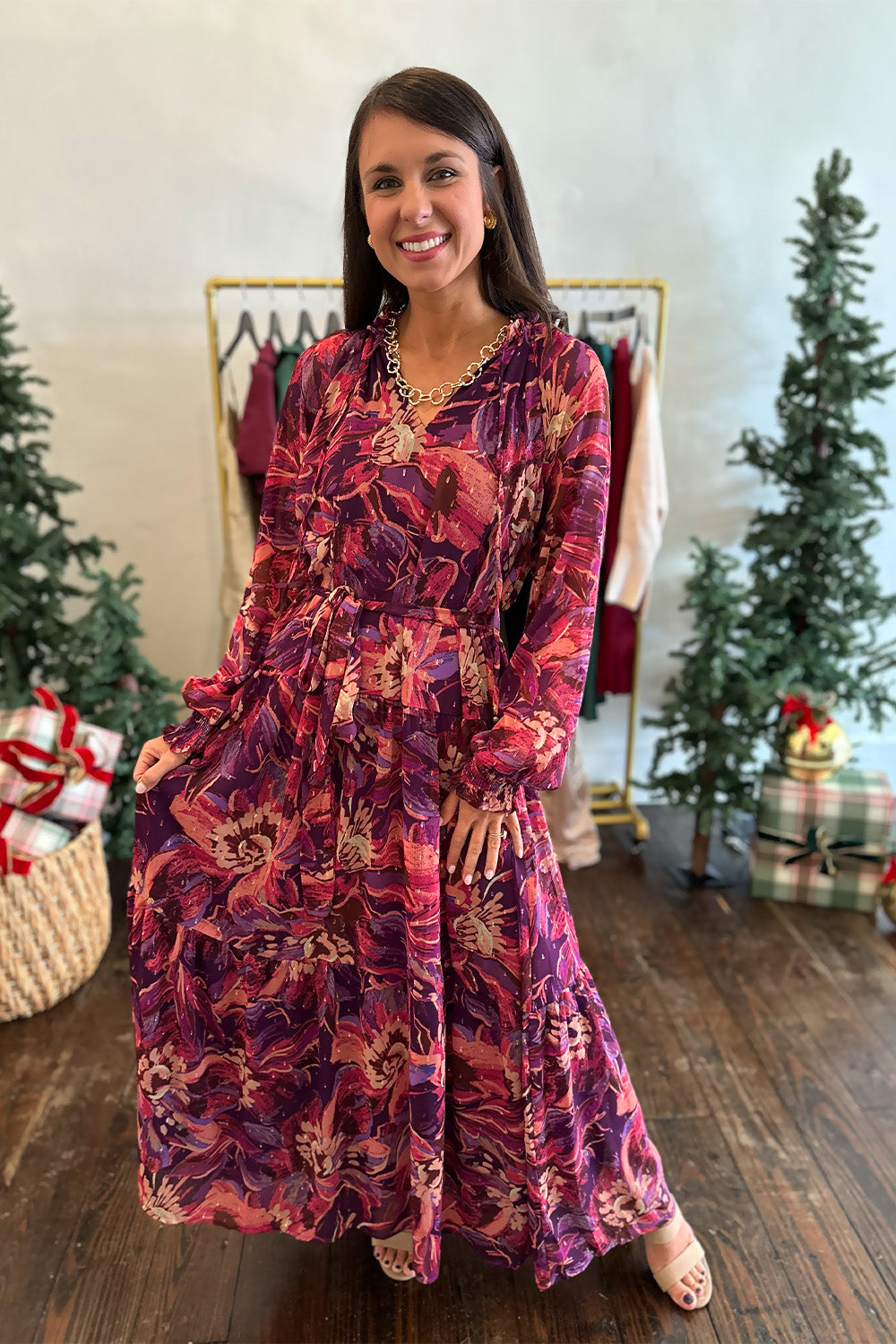 Purple and Wine Printed LS Maxi Dress