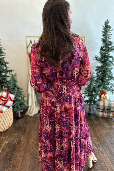 Purple and Wine Printed LS Maxi Dress