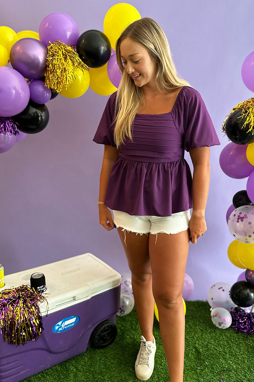 Purple Square Neck Pleated Blouse