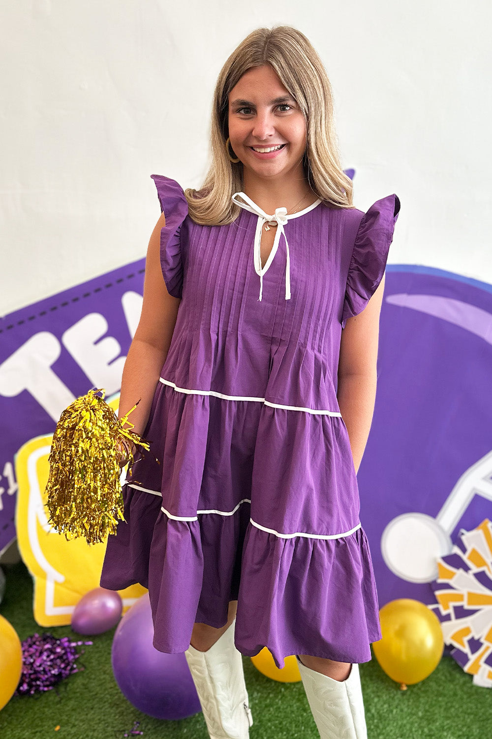 Purple Pintuck White Trim Dress