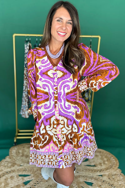 Purple and Caramel Printed LS Dress