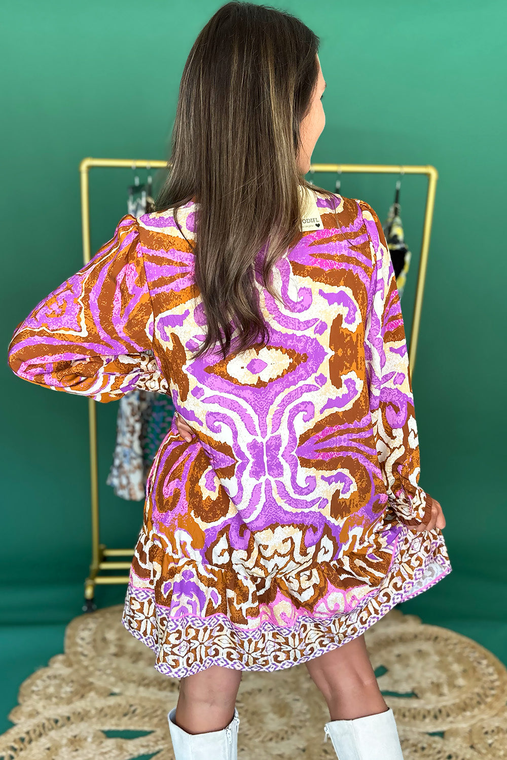 Purple and Caramel Printed LS Dress