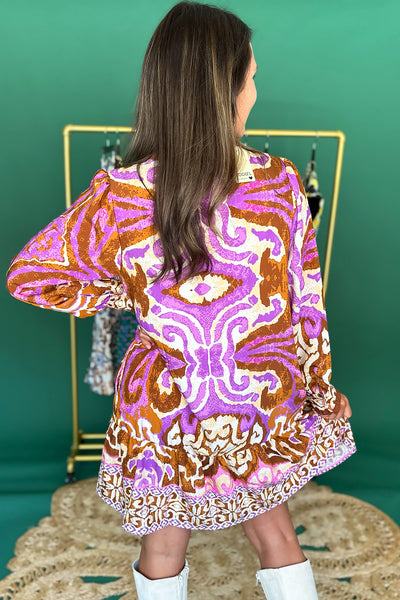 Purple and Caramel Printed LS Dress
