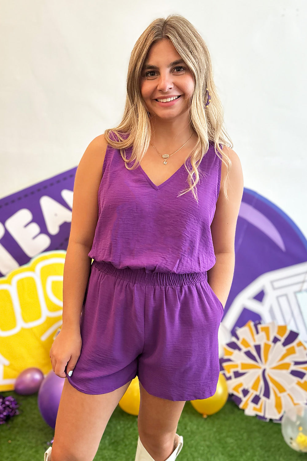 Purple Sleeveless Vneck Romper