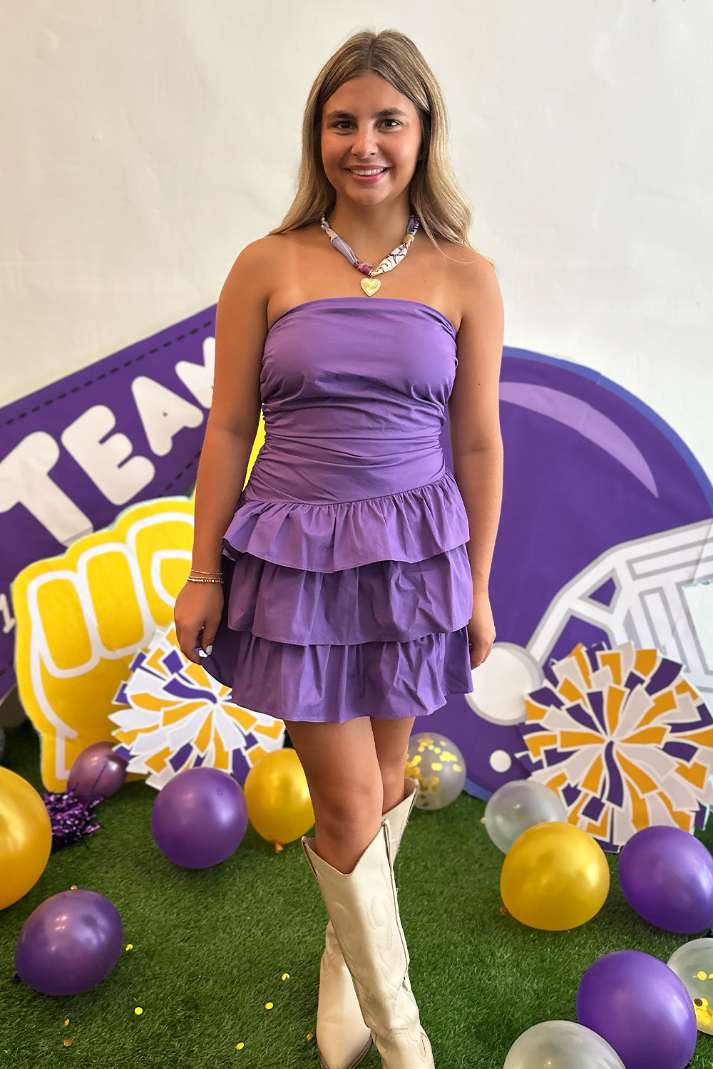 Purple Strapless Ruched Dress