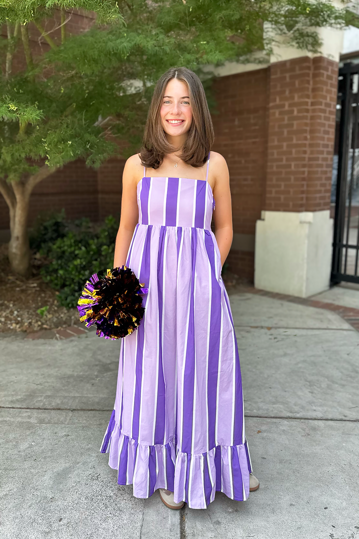 Purple Vertical Stripe Ruffle Hem Midi