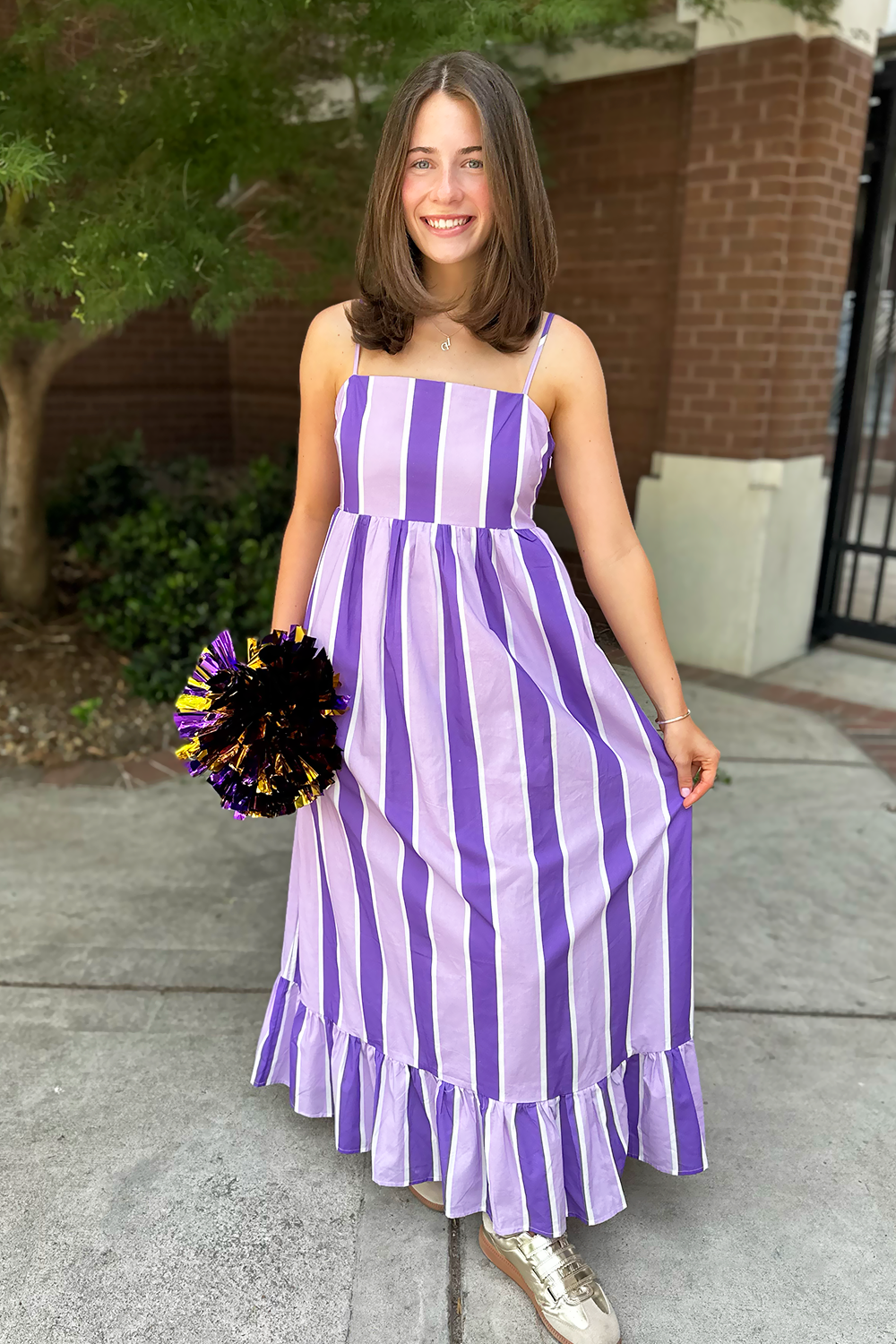 Purple Vertical Stripe Ruffle Hem Midi