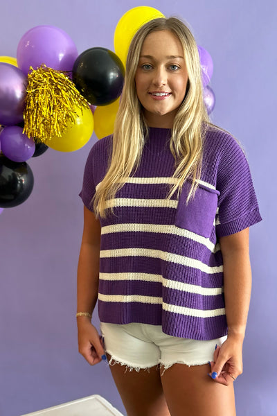 Striped Knit SS Pocket Top Purple