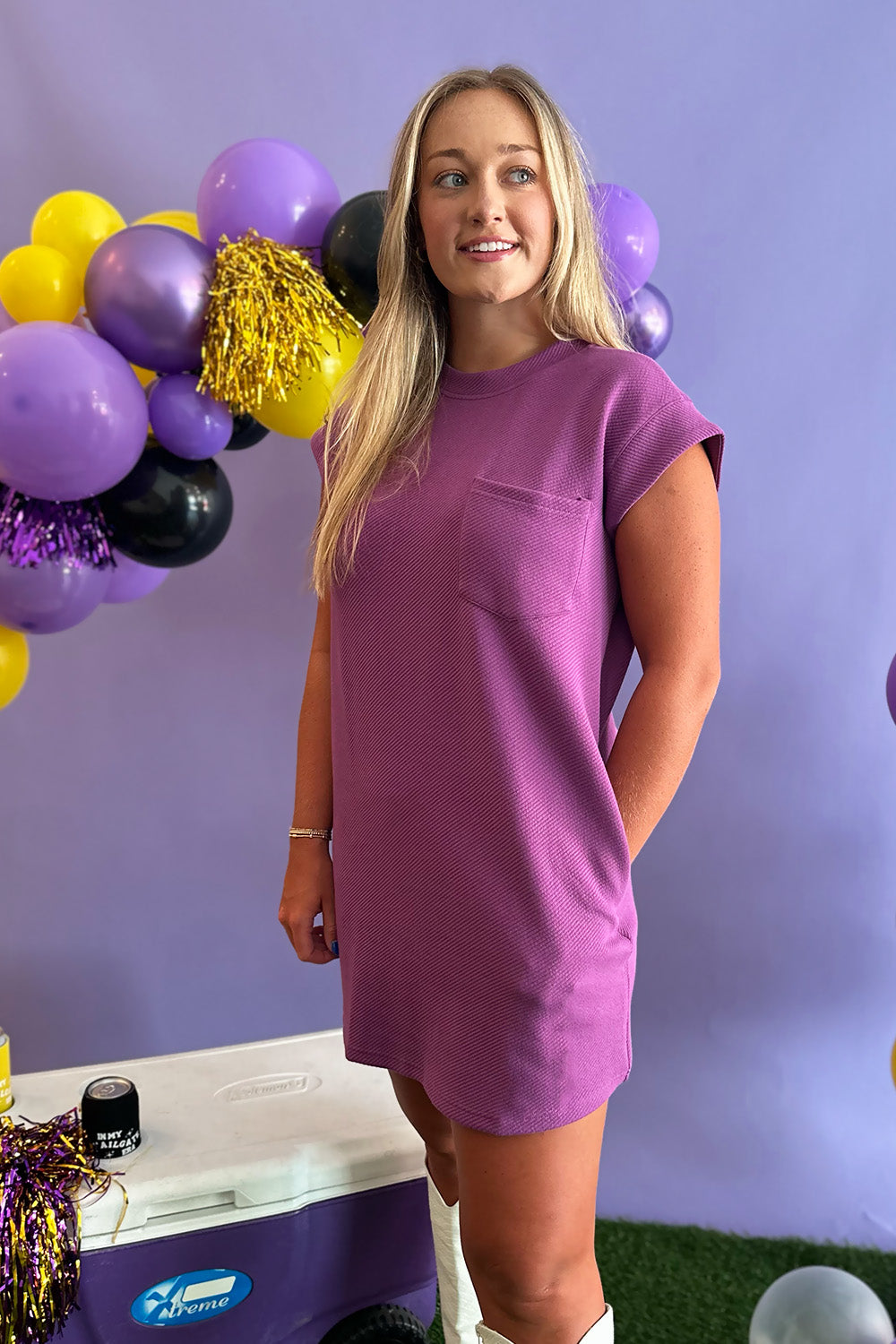 Textured Purple Pocket Front Dress