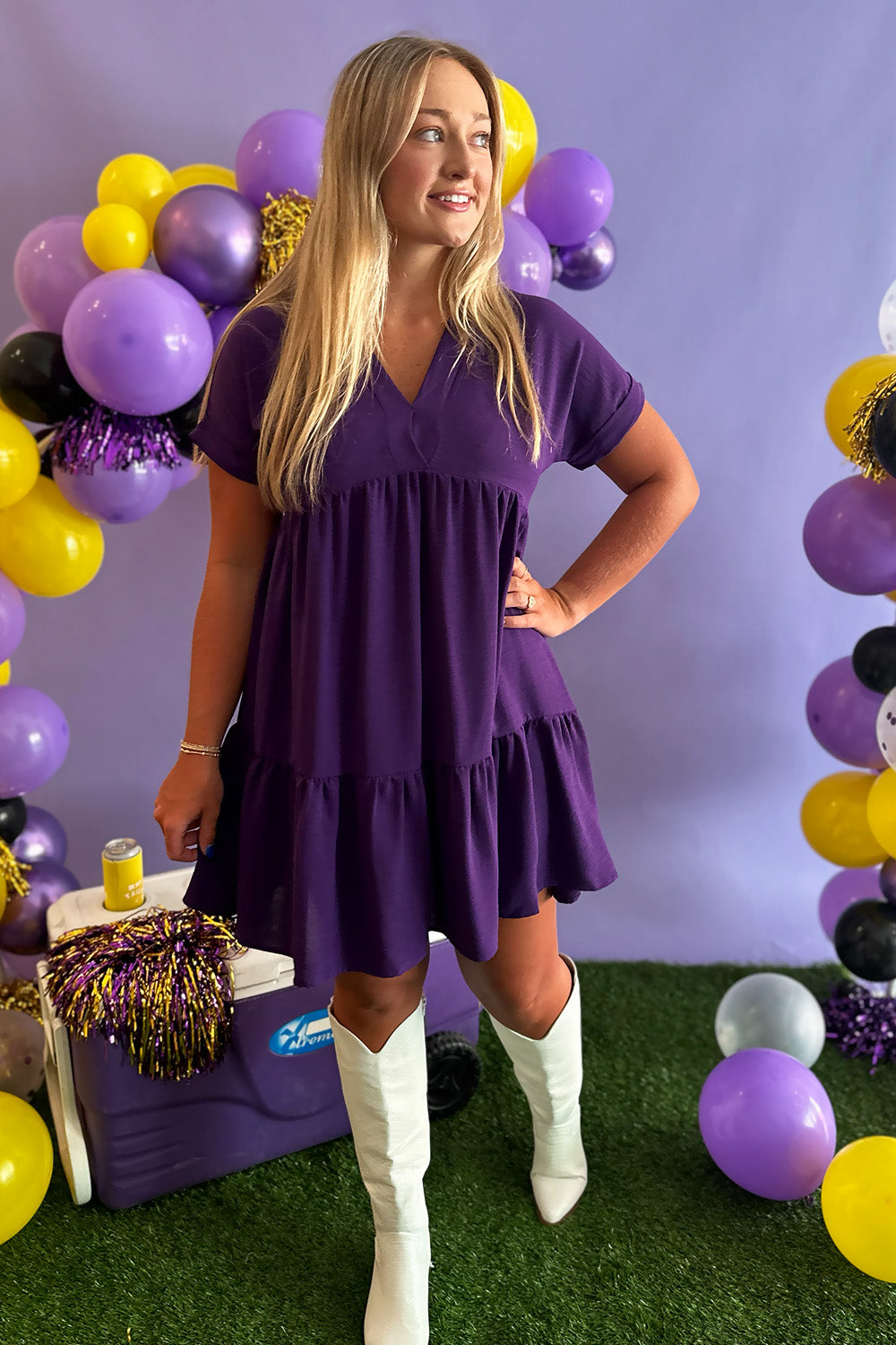 Purple Vneck Tiered Dress