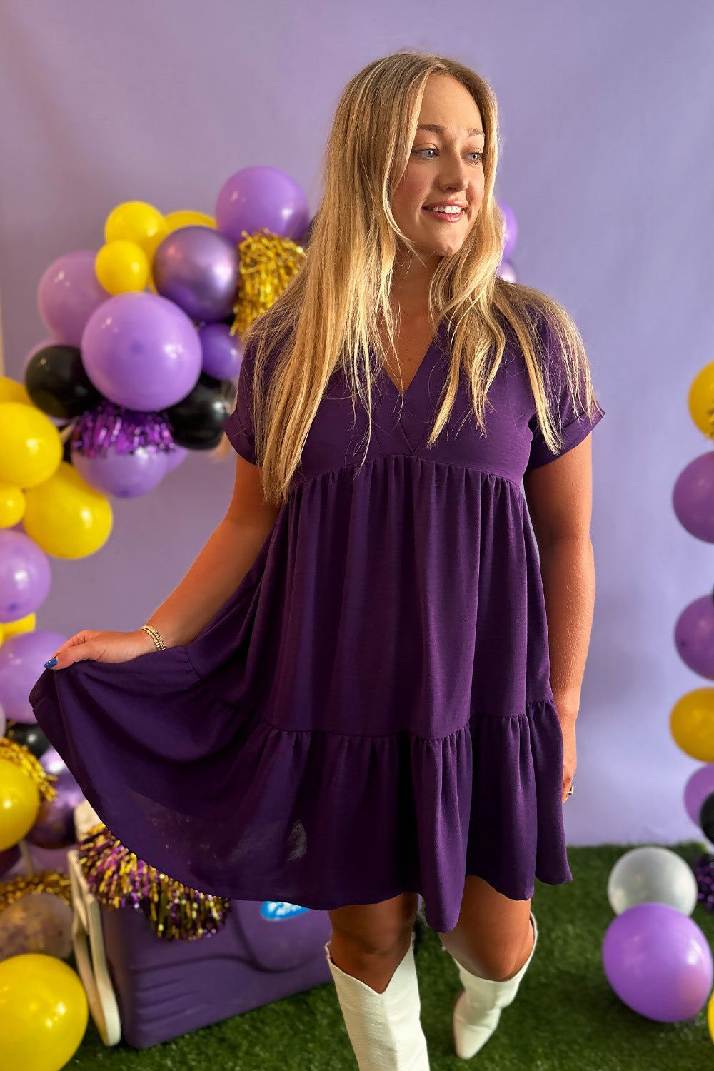 Purple Vneck Tiered Dress