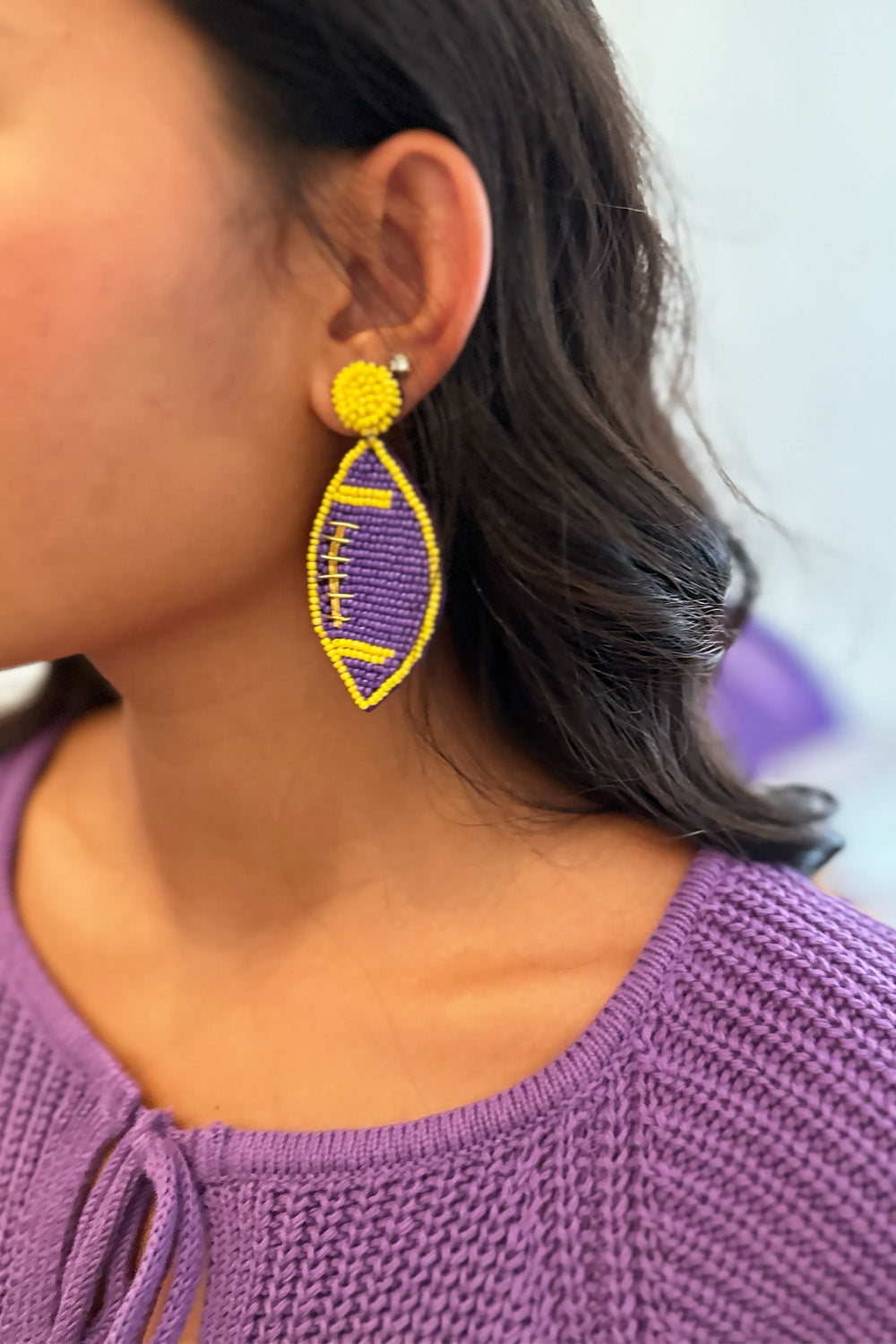 Purple and Yellow Beaded Football Earrings