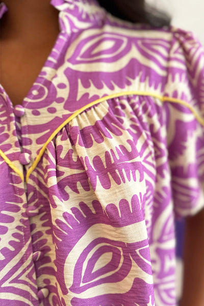 Lavender Printed Yellow Piping Blouse