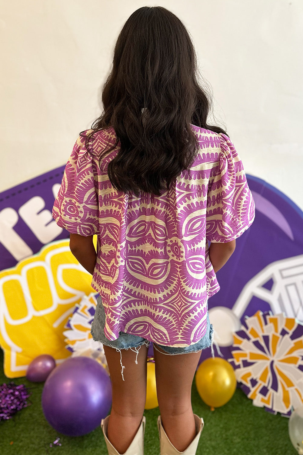 Lavender Printed Yellow Piping Blouse