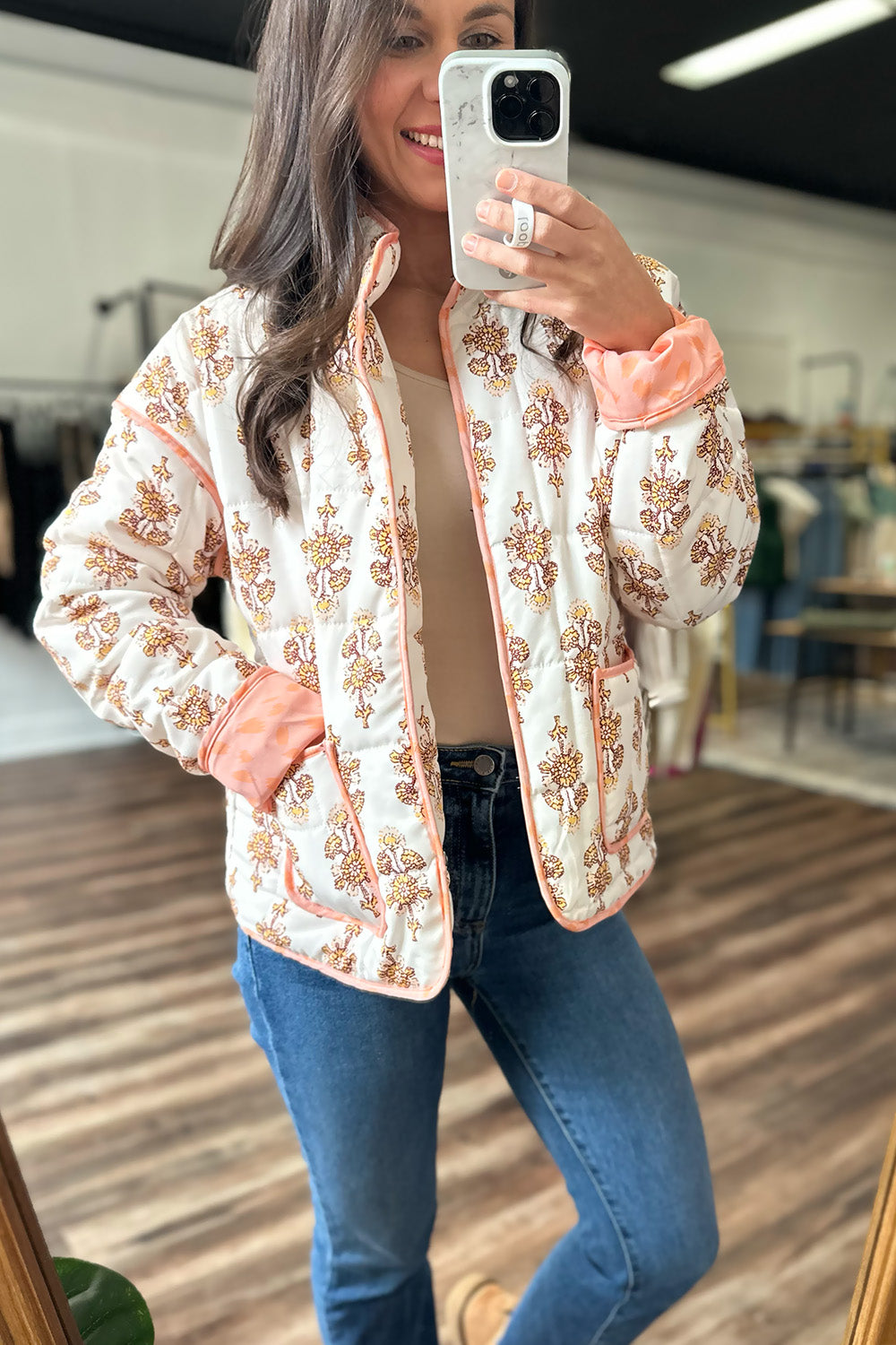 Peach Printed Quilted Jacket