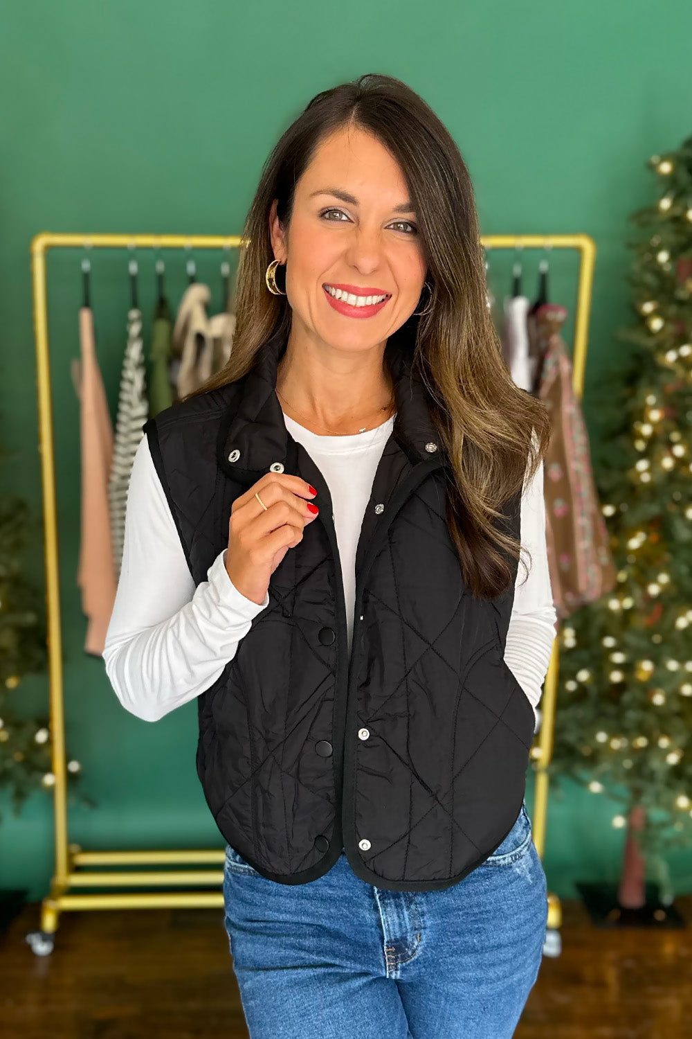 Snap Button Quilted Vest Black
