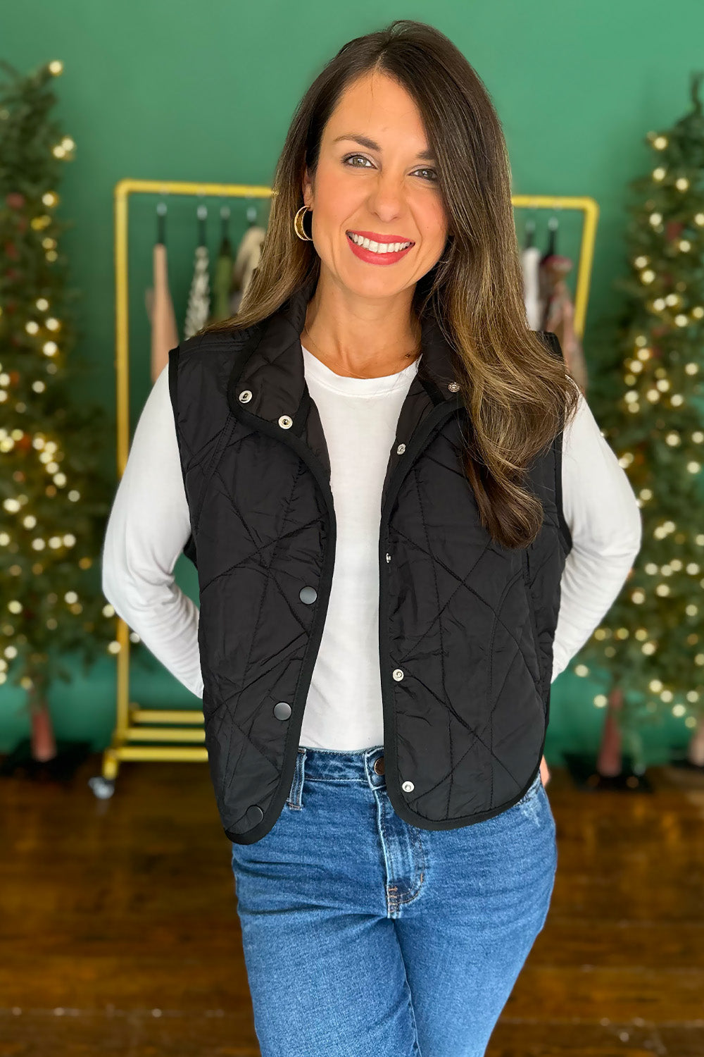 Snap Button Quilted Vest Black
