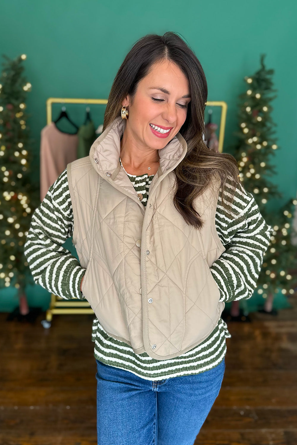 Snap Button Quilted Vest Khaki