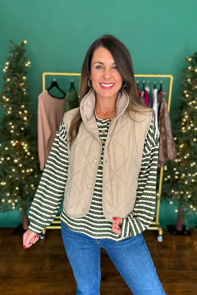 Snap Button Quilted Vest Khaki