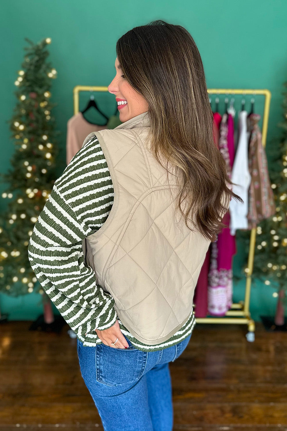 Snap Button Quilted Vest Khaki