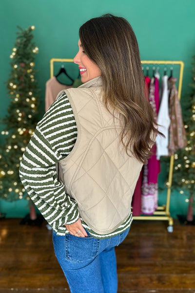 Snap Button Quilted Vest Khaki
