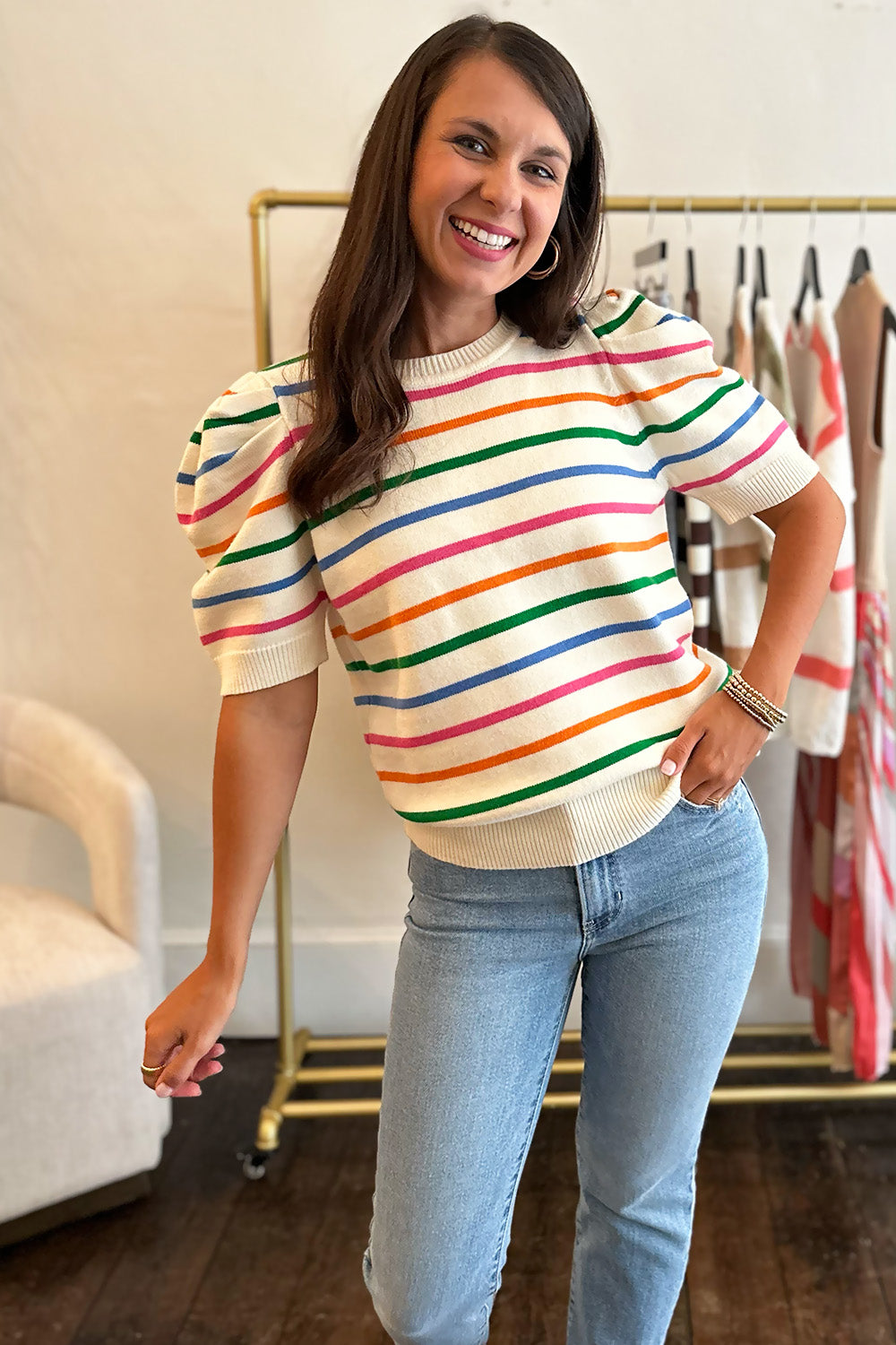 Multi Color Stripe Puff Shoulder Top