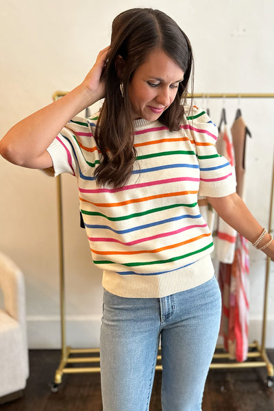 Multi Color Stripe Puff Shoulder Top