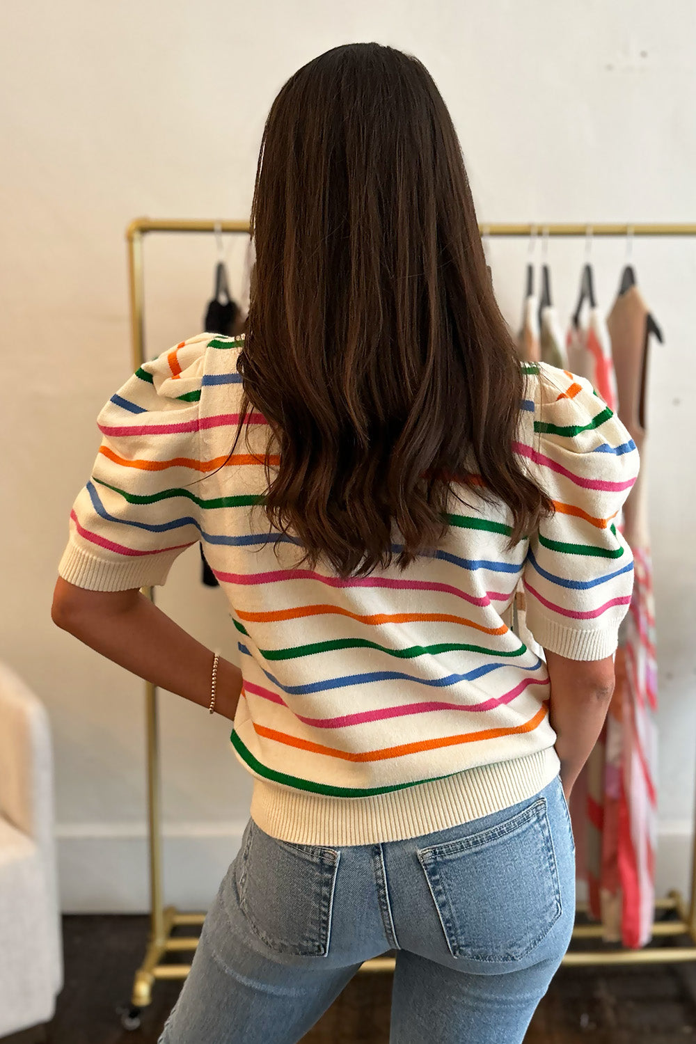 Multi Color Stripe Puff Shoulder Top