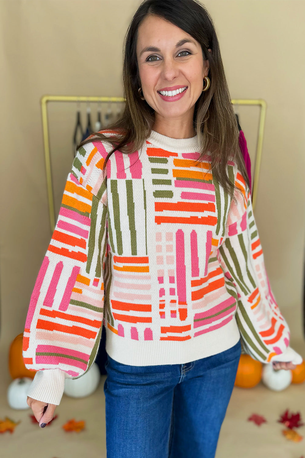 Pink Orange Green Rectangle Print Sweater